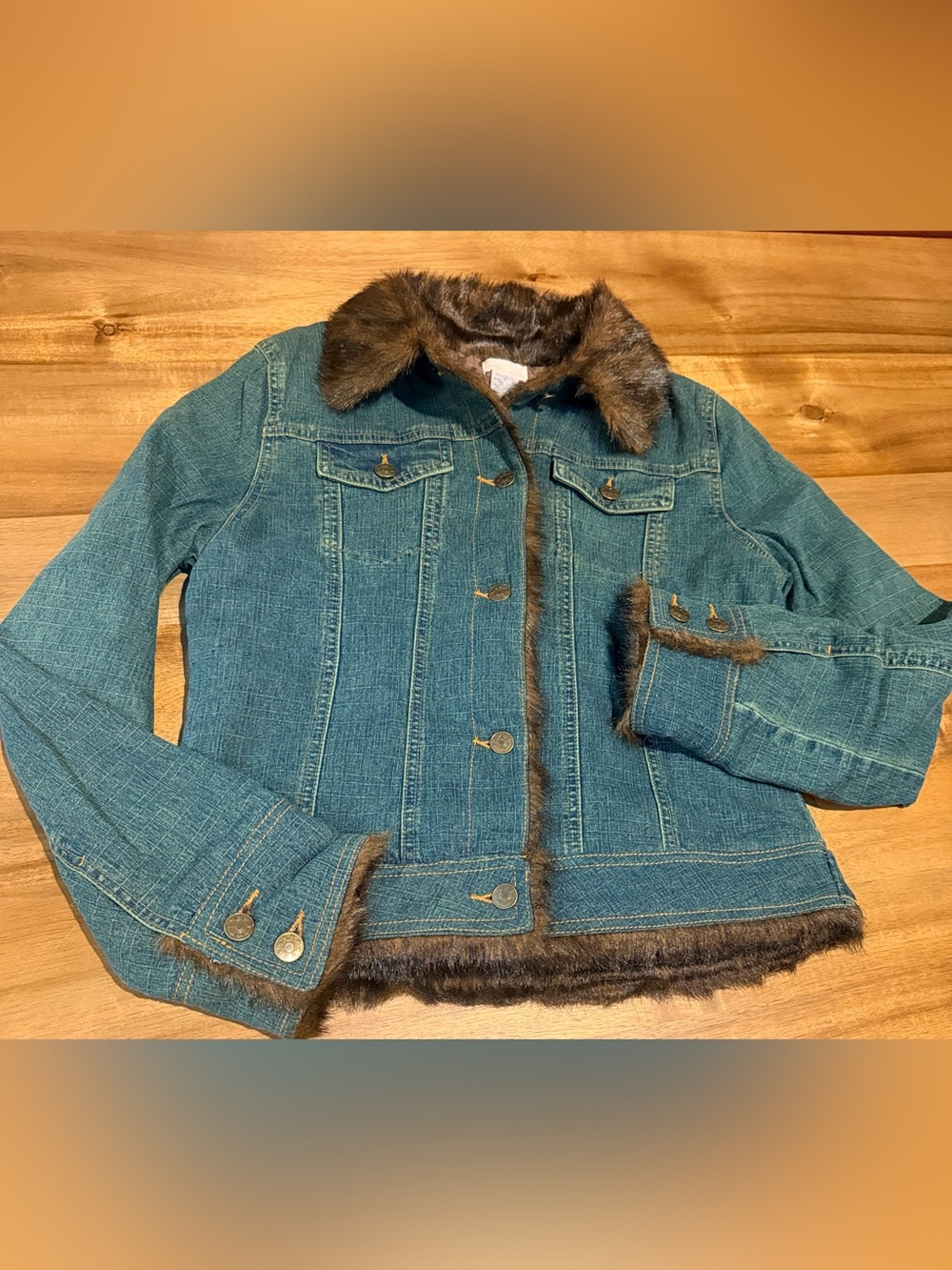 VTG Y2K Pretty Good Denim Jacket Brown Faux Fur Trim Coat Womens M 90s Boho